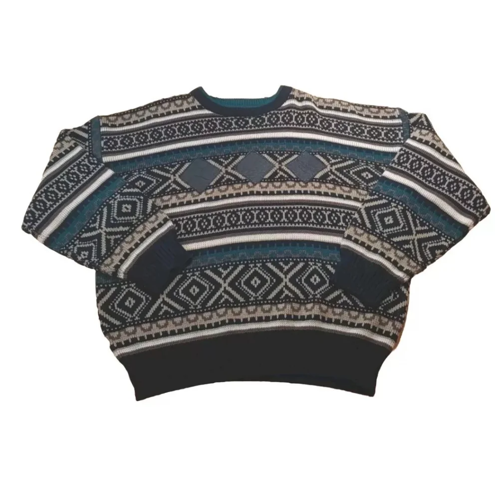 Vtg Impact Sweater Men XL Leather Patches Geometric Eclectic Grampa Ski Crewneck